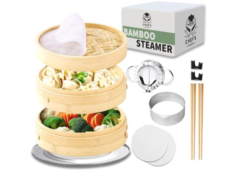 Vaporera de Bambú Natural de 2 Niveles para Dumplings