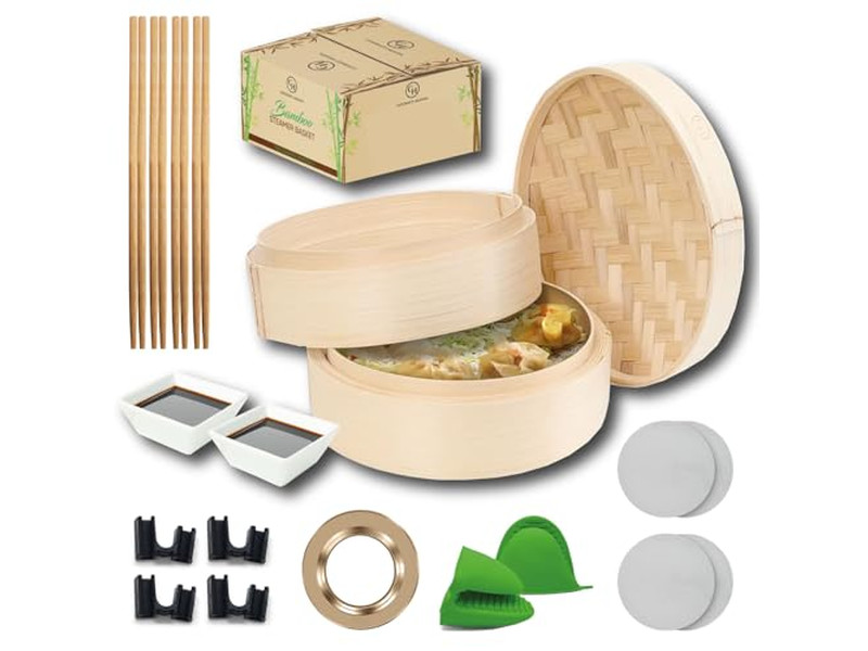 Cesta de Vapor de Bambú para 6 Bollos Momo y Vegetales