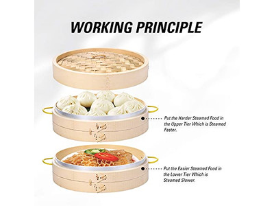 Vaporera de Bambú de 3 Niveles para Cocina