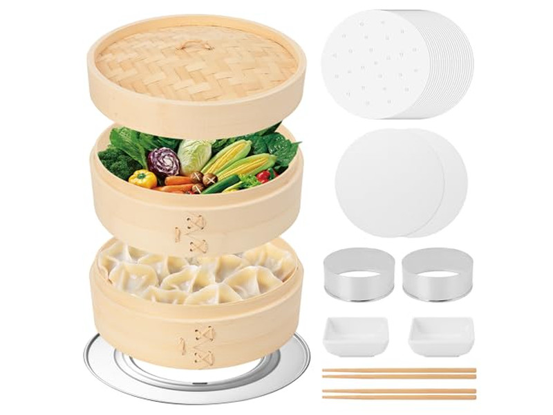 Cesta de Vapor de Bambú para Alimentos a Gas con Silicona