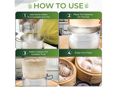 Cesta de Vapor de Bambú para Olla Profunda con Tapa para Brócoli