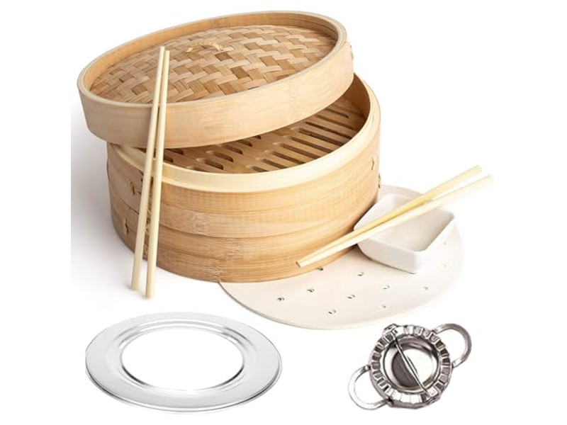 Set de Madera para Bollos y Alimentos Cesta de Vapor de Bambú para 8 Dumplings