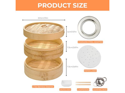 Set de Madera para Bollos y Alimentos Cesta de Vapor de Bambú para 8 Dumplings