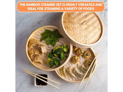 Set de Madera para Bollos y Alimentos Cesta de Vapor de Bambú para 8 Dumplings